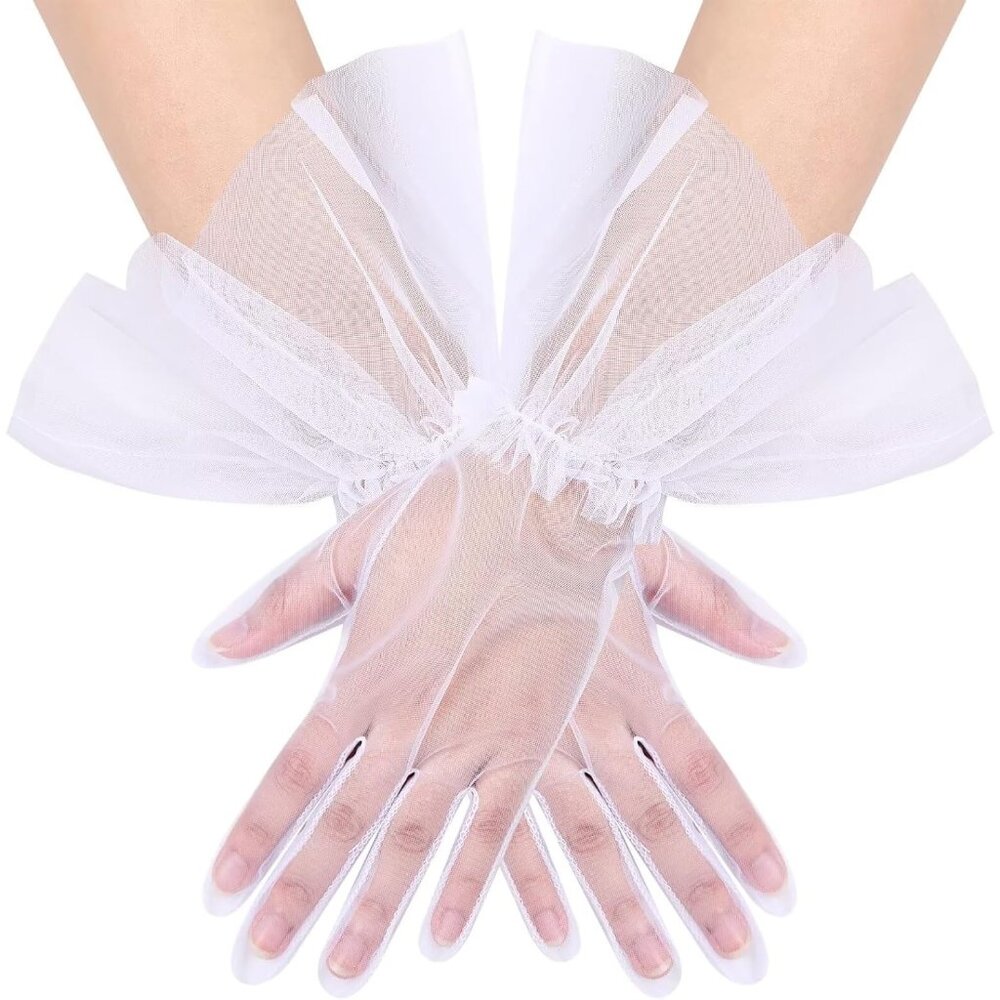 Women's Short White Tulle Mesh Puffy Ruffle Gloves Wedding Party Prom Costume - Picture 1 of 7